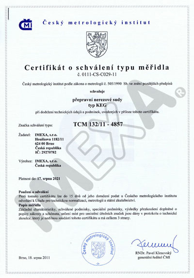 Certifikat o schvaleni typu meridla - Ceská Republika
